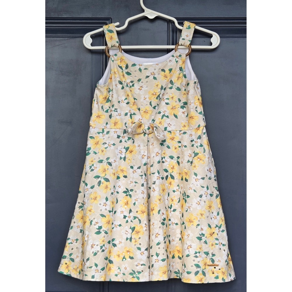 Tahari Girls Yellow Floral Eyelet A-Line Dress Sleeveless Bow Detail Size 4
